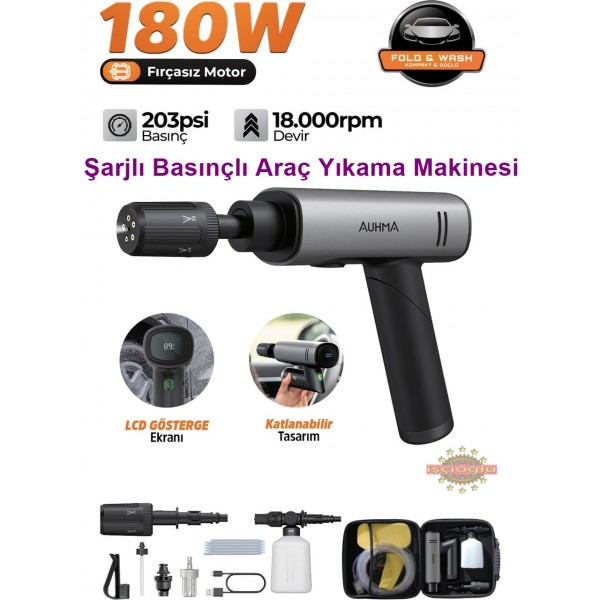 AUHMA ACR-09 ARAÇ YIKAMA MAKİNESİ  FIRÇASIZ MOTOR  BASINÇLI  180W SARJLI  KATLANABİLİR KABLOSUZ YIKAMA