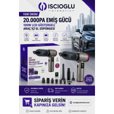 ARAÇ İÇİ SÜPÜRGE  20.000PA 100W LCD EKRAN  9 BAŞLIKLI  ÇEKME+ÜFLEME ŞARJLI +LED LAMBALI SİYAH RENK