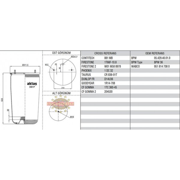 DORSE SUSPANSİYON KÖRÜK LASTİĞİ  BPW DİNGİL 3881 UZUN TİP  AKTAŞ 