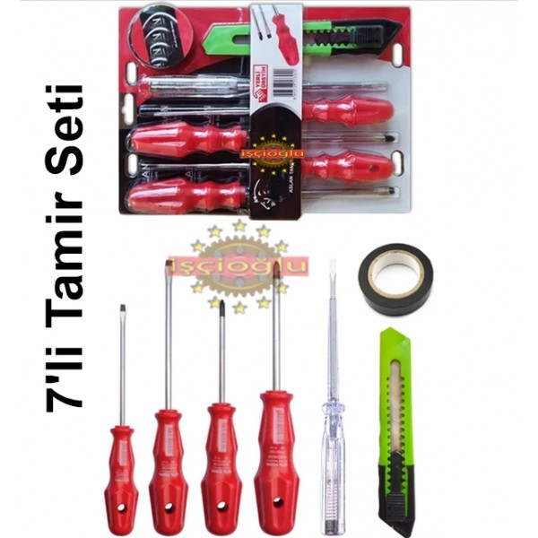 7 Lİ TAMİR SETİ  4 LÜ TORNAVİDA-KONTROL KALEMİ-MAKET BIÇAĞI - İZOLEBANT